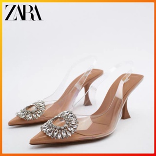 Zara รองเท้า ประดับคริสตัล พลอยเทียม สีโปร่งใส แฟชั่นฤดูใบไม้ผลิ สําหรับผู้หญิง