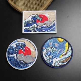 【Customized 】แพทช์เวลโคร ลายคลื่นยักษ์ Kanagawa Ukiyo-e 3D สําหรับตกแต่งเสื้อแจ็กเก็ตยีน กระเป๋าเป้สะพายหลัง