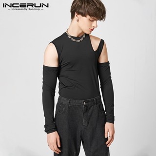 INCERUN Hollow design solid color off-shoulder knitted long-sleeved top T-shirts