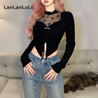 Lanlanlolo เสื้อคอกลม แขนยาว ผ้าถัก ทรงไม่สมมาตร สีพื้น เซ็กซี่ สําหรับผู้หญิง 2023