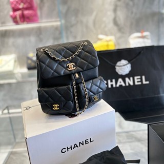 Chanelss กระเป๋าเป้สะพายหลัง ลายตารางหมากรุก คาเวียร์ 22k สีดํา ทอง สไตล์คลาสสิก แฟชั่นสําหรับผู้หญิง