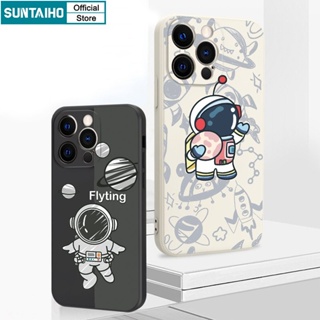 Suntaiho Fashion Cute Cartoon Astronaut Stickers Couple Silicone Soft Phone Case Compatible for iPhone 11 Pro Max 14 12 13 XS X XR XS Max 7 8 Plus Shockproof Casing