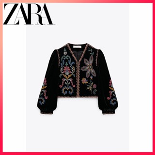 Zara ใหม่ เสื้อแจ็กเก็ตสูท ผ้ากํามะหยี่ ปักลาย สีดํา