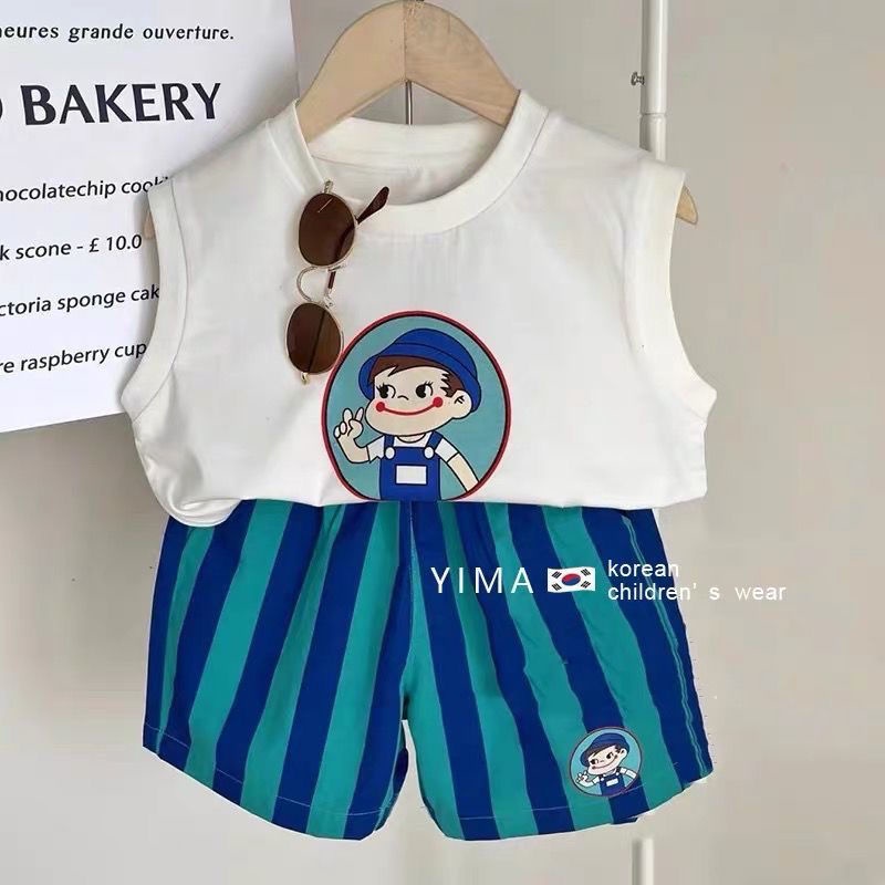 ชุดกีฬา เสื้อกั๊ก กางเกงขาสั้น ลายทาง สไตล์เกาหลี ตะวันตก แบบบาง สองชิ้น สําหรับเด็กผู้ชาย และเด็กผู้หญิง ไซซ์ s.73-120 ซม.