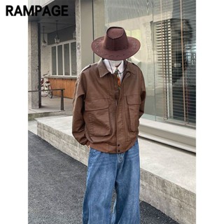 RAMPAGE Retro เสื้อแจ็คเก็ตหนัง PU เสื้อแจ็คเก็ตลำลองสไตล์เกาหลีสำหรับผู้ชายและผู้หญิง