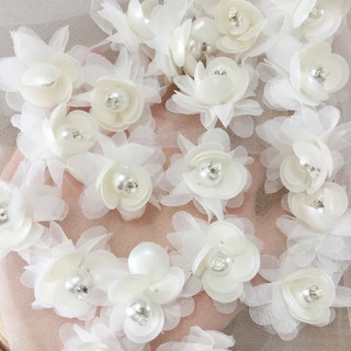 แผ่นแพทช์ไข่มุก ลายดอกไม้ สีชมพู สีขาว กว้าง 4.5 ซม. DIY 5 ชิ้น