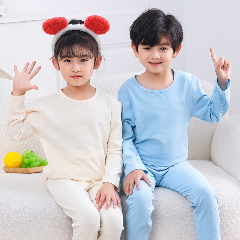 พร้อมสต็อก110-150ซมสีทึบไลคร่าชุดนอนผ้าฝ้ายชุดเด็ก ชุดบ้าน ชายหญิงเสื้อแขนยาวกางเกงข้อเท้ายาวสอง @-