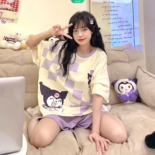 ชุดเสื้อแขนสั้นลําลอง คอกลม ผ้าฝ้าย และกางเกงขาสั้น ลายการ์ตูน Sanrio Kuromi น่ารัก แฟชั่นฤดูร้อน