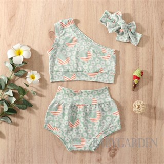 Babygarden-0-24m ชุดเสื้อผ้าเด็กผู้หญิง เสื้อกล้าม แขนกุด ไหล่ข้างเดียว และกางเกงขาสั้น พิมพ์ลายธงดอกไม้ + ที่คาดผม