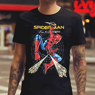 【Spiderm tshirt】🔥🔥🔥Far From Home BT เสื้อยืดลายไม้สีดำ ผ้าฝ้าย สกรีนลาย Marvel อย่างใกล้ชิด เคลื่อนไหวได้