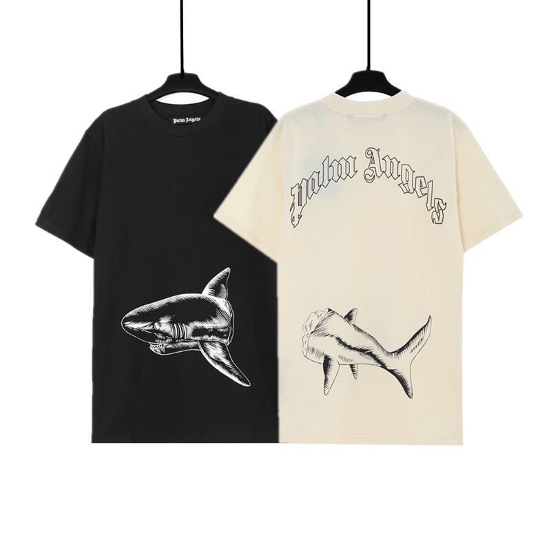 เสื้อยืดลําลอง ผ้าฝ้าย แขนสั้น พิมพ์ลายหัวฉลาม แฟชั่นสําหรับผู้ชาย และผู้หญิง เหมาะกับการเล่นกีฬา