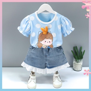 Girls summer clothes girls short-sleeved two-piece set summer childrens bubble sleeve set denim short-sleeved New thin trendy