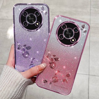 เคสโทรศัพท์ซิลิโคน TPU แบบนิ่ม ลายดอกกุหลาบ ประดับเพชรเทียม สําหรับ Honor X9 5G