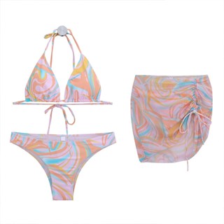 💕พร้อมส่งในไทย 🇹🇭 Bikini ชุดว่ายน้ำบิกินี่ลายคลื่นเซท3ชิ้น สุดแซ่บ ชุดว่ายน้ำบิกินี่เซ็กซี่ของผู้หญิง