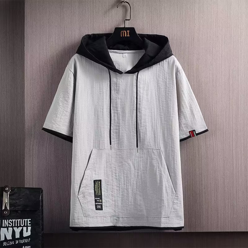 (((M-3XL) เสื้อยืด มีฮู้ด แขนสั้น ลําลอง ทรงหลวม สองชิ้น สําหรับผู้ชาย และผู้หญิง