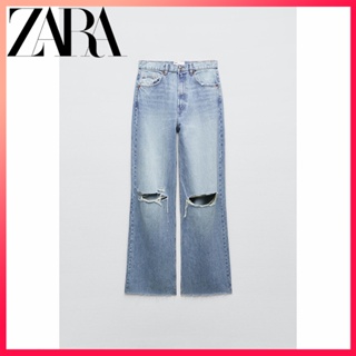 Zara ใหม่ กางเกงยีนส์ ขากว้าง เอวสูง แต่งรอยขาด TRF สําหรับผู้หญิง