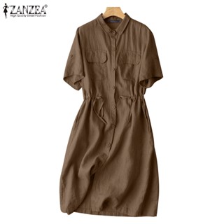 ZANZEA Women Korean Casual Loose Solid 3/4 Sleeve Drawstring Waist Dress