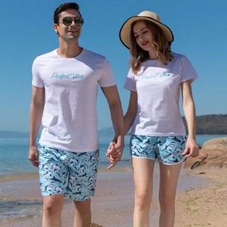 BBB Couple Short Sleeve Floral Print Swimwear Beach Shorts Loose Quick Dry Swim Surfing Trunks Women Swim Suit Hot Spring Wear Lovers Pack