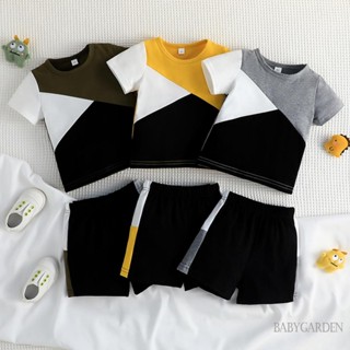 Babygarden-9m-4y ชุดเสื้อผ้าเด็กผู้ชาย เสื้อยืดแขนสั้น สีตัดกัน + กางเกงขาสั้น ยางยืด ลําลอง