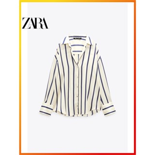 Zara ฤดูใบไม้ร่วงและฤดูหนาว ใหม่ ผู้หญิง ลายทาง หลวม ผ้าไหม เสื้อเชิ้ต 2068402 066