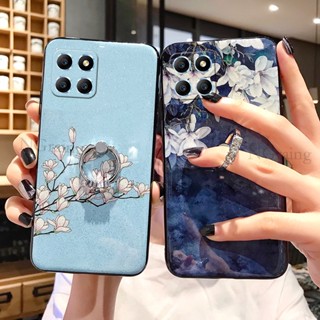 เคสโทรศัพท์มือถือนิ่ม ลายดอกไม้ แต่งกลิตเตอร์ พร้อมขาตั้ง สําหรับ Honor X7A X8A