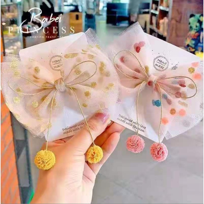 [พร้อมส่งจากไทย] กิ๊บติดผมผ้าตาข่าย ลายจุด แต่งโบว์ ลูกไม้ สีทอง สไตล์เจ้าหญิง A103