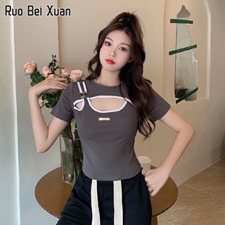 RUO BEI XUAN เสื้อยืดสตรี 2023 ใหม่แฟชั่นเกาหลีเซ็กซี่แขนยาวเสื้อครอป