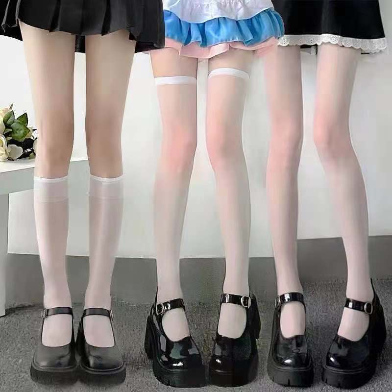 ถุงน่องผ้าไหม แบบบาง เอวสูง ระบายอากาศได้ดี สีขาว แฟชั่นฤดูร้อน สําหรับผู้หญิง