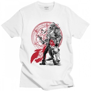 เสื้อสีขาว ผู้ชายที่มีสไตล์ Fullmetal เล่นแร่แปรธาตุภราดรภาพเสื้อยืดแขนสั้นผ้าฝ้ายเสื้อยืดสันทนาการเอ็ดเวิร์ด Elric อะนิ