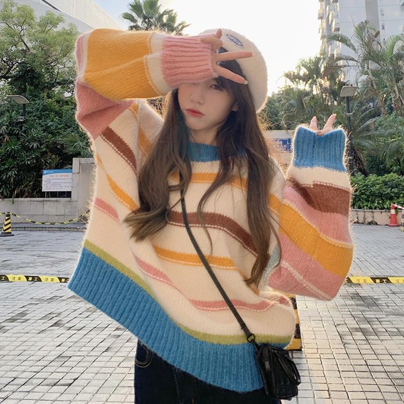 เสื้อกันหนาวแถบสายรุ้งหลวม ๆ เสื้อแขนยาวถัก
