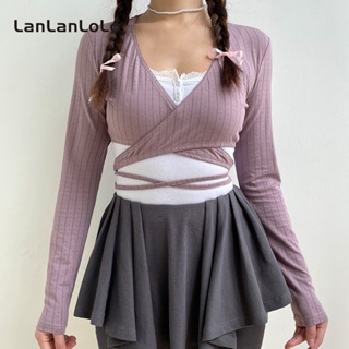 Lanlanlolo เสื้อคาร์ดิแกนแขนยาว คอวี ผ้าถัก สีพื้น เรียบง่าย สําหรับผู้หญิง 2023