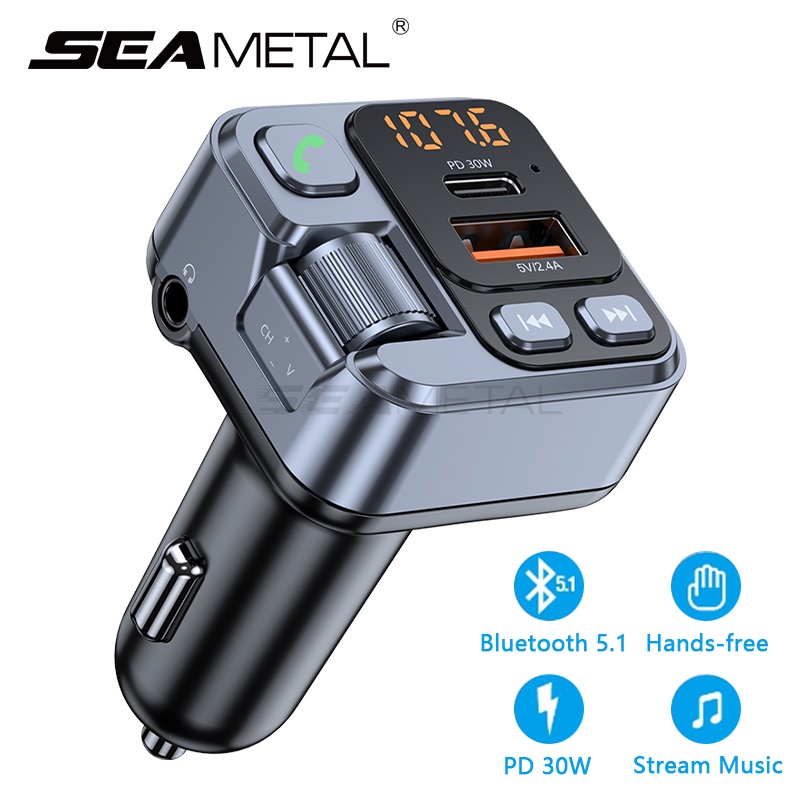SEAMETAL บลูทูธในรถยนต์ T16 ที่ชาร์จแบตในรถ PD30W Fast Charger Type-C 12V-24V USB เครื่องเล่น MP3 บลูทูธ 5.1แฮนด์ฟรี ที่ชาร์จโทรศัพท์มือถือ เครื่องส่งเอฟเอ็ม ที่ชาร์จในรถยนต์