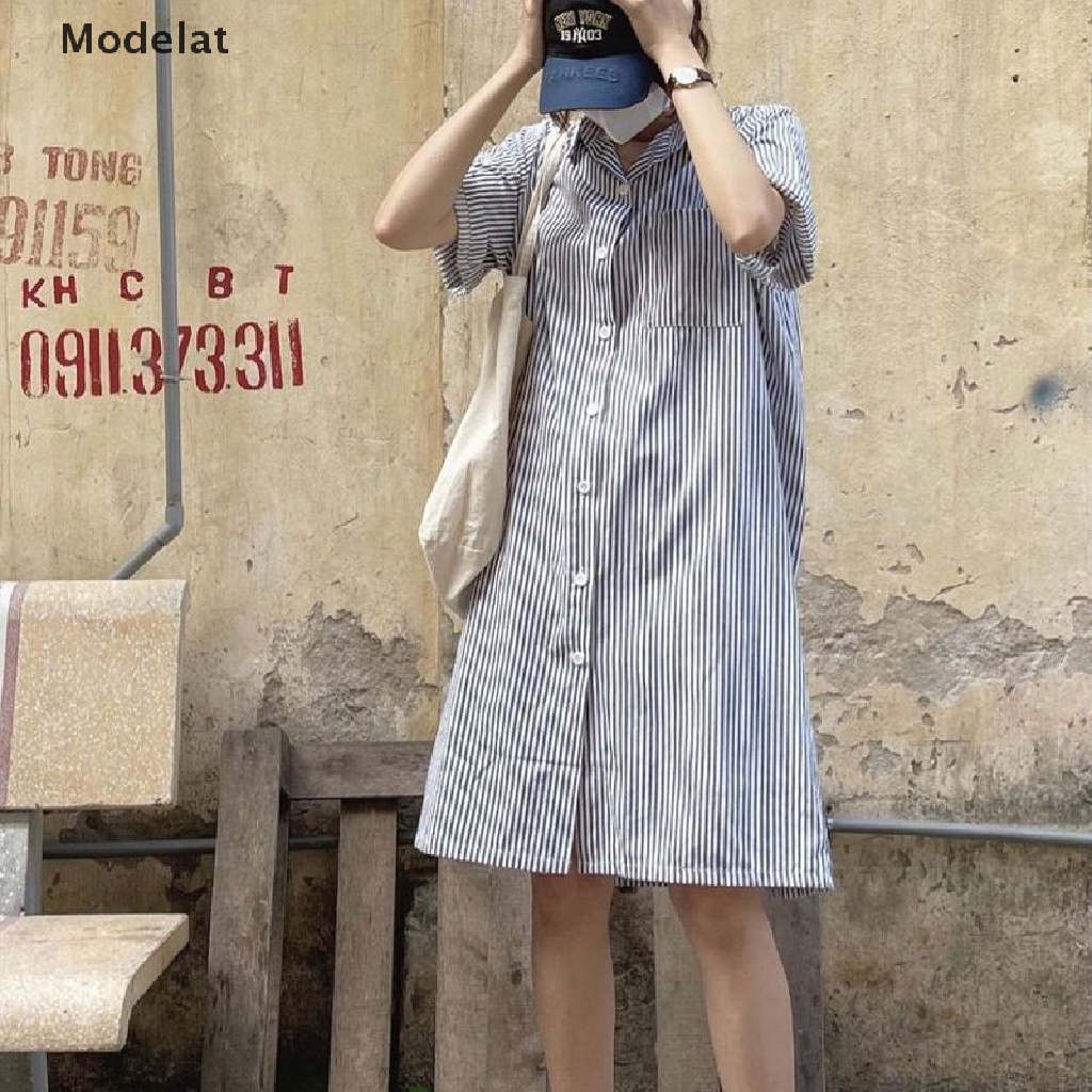 Mfc มาใหม่ ชุดเดรสเชิ้ตแขนสั้น คอปก ผ้าฝ้าย ผ้าลินิน ทรงหลวม ลายทาง แฟชั่นฤดูใบไม้ผลิ ฤดูร้อน สําหรั