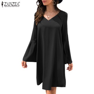 CELMIA ZANZEA Women Flare Long Sleeve Dress V Neck Party Casual Loose Long Dresses