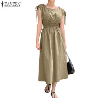 ZANZEA Women Korean Square Neck Short Sleeve Shoulder Drawstring Rubber Waist Dress