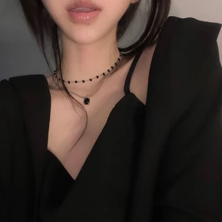 A HELLO GIRL สร้อยคอโซ่ สองชั้น ประดับเพชร สีดํา หรูหรา สไตล์เรียบง่าย สําหรับผู้หญิง