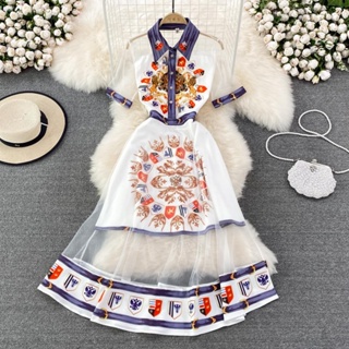 The goddess Fan socialite temperament mesh gauze splicing positioning printed lapel dress elegant temperament a-character swinging dress