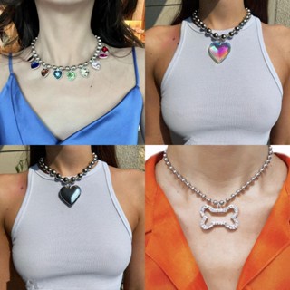 1 Pcs European and American fashion trend versatile temperament bead colorful heart pendant necklace hiphop new necklace