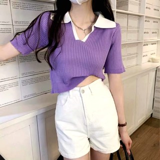 Womens Short-Sleeved Casual Polo Shirt Korean-Style Contrast Color Knitted All-Matching Top