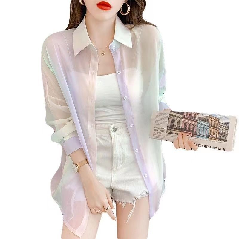 เสื้อคาร์ดิแกนแขนยาว ผ้าชีฟอง แบบบาง ทรงหลวม สีรุ้ง แฟชั่นสําหรับสตรี ราคา ถูกที่สุด ดีลบีเคเค แกลเลอรีภาพที่ 4