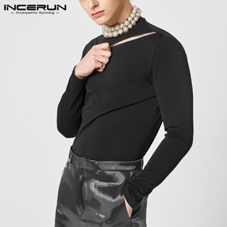 Incerun เสื้อยืด แขนยาว ผ้าถัก มีซิป รัดรูป