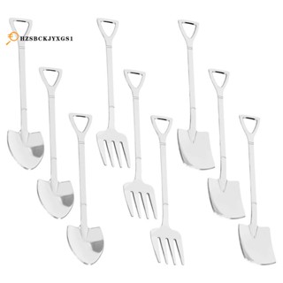 9 Pieces Shovel Spoon Fork Shovel Coffee Spoon Shovel Handle Dessert Spoon Ice Cream Spoon Shovel Shape Fork Fruit Fork