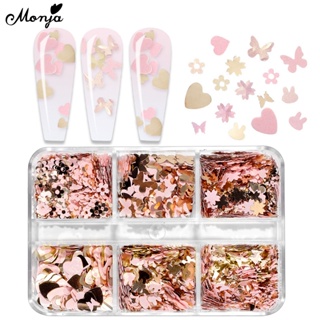 Monja 6 Grid/Case Nail Art Decorations 3D Pink Flower Butterfly Love Heart Rabbit Head Flakes Glitter Stickers Paillettes Sparkly Sequin Salon Home DIY Manicure Design Accessories