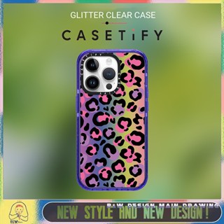 Casetify เคสโทรศัพท์มือถือแบบแข็ง ใส กันกระแทก ลายเสือดาว แต่งกลิตเตอร์ สําหรับ iPhone 14 13 12 11 Pro Max 14 Plus