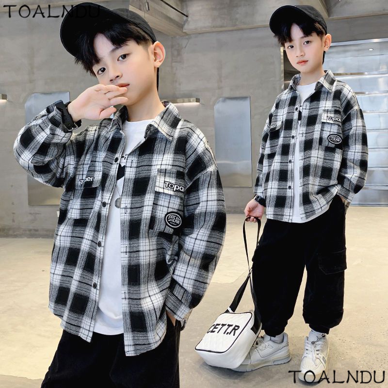 เสื้อแจ็กเก็ตแขนยาว ลายสก๊อต แฟชั่นฤดูใบไม้ผลิ และฤดูใบไม้ร่วง สําหรับเด็กผู้ชาย20232023ผ้าฝ้ายแท้ WPXT