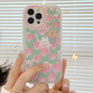 เคสโทรศัพท์มือถือนิ่ม กันกระแทก ลายดอกไม้ หมี กระต่าย สีชมพู สําหรับ Iphone Apple 14 12 13promax 12 11 14 xr 8p