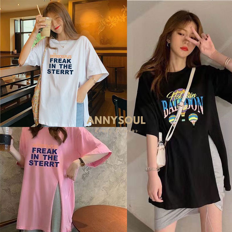 เสื้อยืด oversize สกรีนลายภาษาอังกฤษ ดีไซน์ผ่าหน้า งานผ้านิ่ม ใส่สบาย มีหลายสีให้เลือก