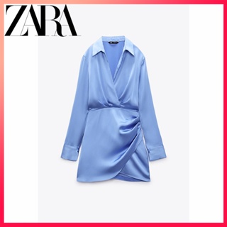 Zara ใหม่ TRF ผู้หญิง กระดุมสองแถว คอวี ผ้าไหมซาติน ชุดเดรสสั้น