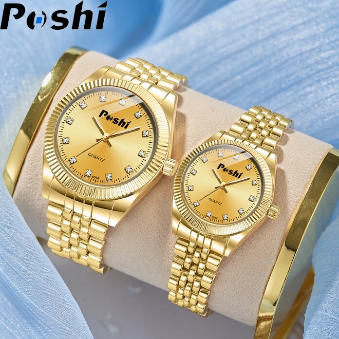 POSHI นาฬิกาคู่สําหรับผู้ชายผู้หญิงกันน้ําแฟชั่นสแตนเลสสตีลส่องสว่างควอตซ์นาฬิกาผู้หญิงหรูหรานาฬิกาข
