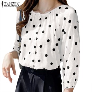 ZANZEA Womens Korean Street Fashion Commuting Polka Dot 3/4 Sleeve Puff Sleeve Blouse